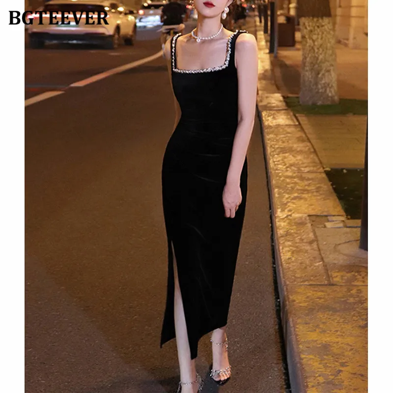 BGTEEVER Fashion Chic Ladies Slim Waist Bodycon Split Mid-Length Dress Elegant Spring Summer Female Sleeveless Velvet Dress