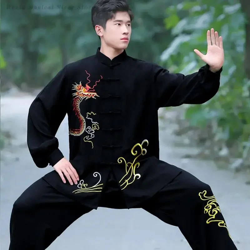 Di alta Qualità Tai Chi Vestiti Delle Donne Degli Uomini Ricamato Drago Kung Fu Camicia Wushu Uniforme Autunno Nuovo Tang Vestito Wing Chun Costume 3XL