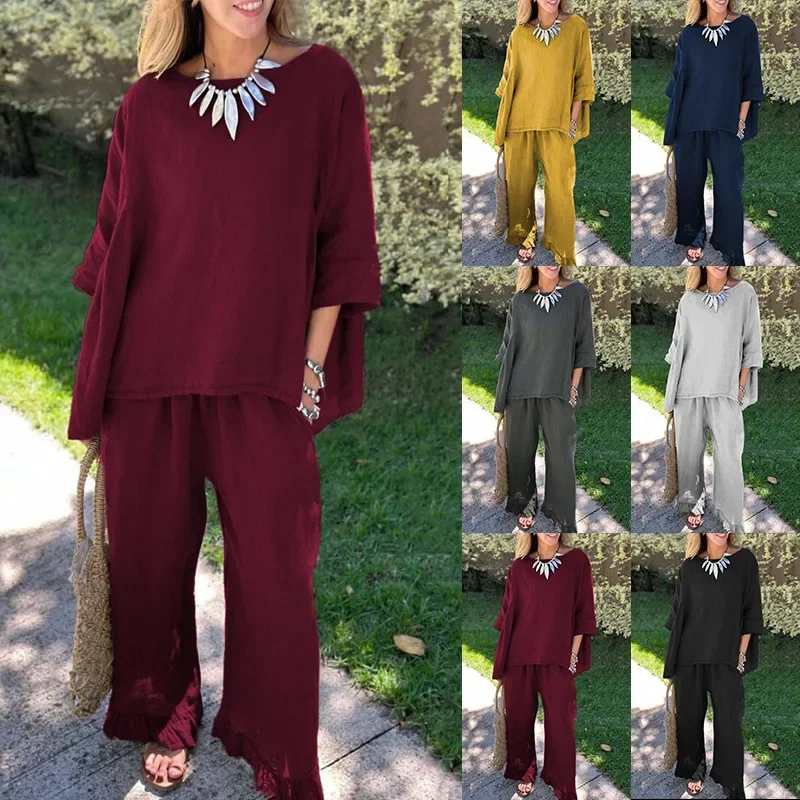 Two Piece Set Women Top Blouse Wide Leg Pants Suit Ramadan Islam Casual Dubai Arabic Outfits Femme Muslim Morocco Ensemble