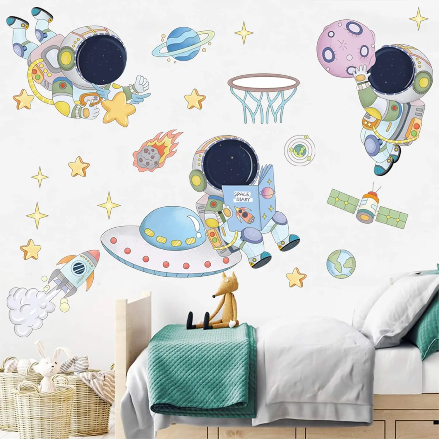 Astronaut Planet Space Wall Stickers Kids Room Playroom Walk Spaceship Spaceman Cosmonaut Wall Decal Bedroom Home Decor