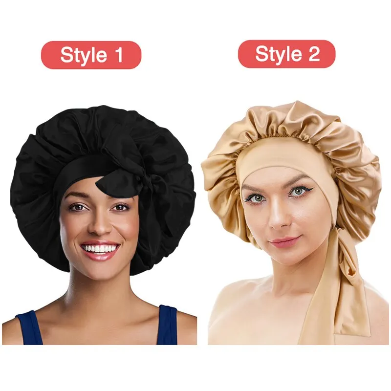 New Large Satin Bonnet Silk Night Sleeping Cap Long With Head Tie Band Edge Wrap For Women Curly Braid Hair