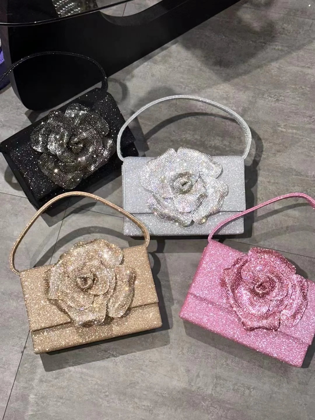 Luxury Glitter Shiny Floral Square Bag Women\'s Handbag Fashion Evening Bag Wedding Party Clutch Purse Shoulder Crossbody Bag