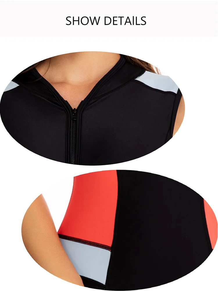 Contrast Color Zipper Front Sleeveless One-Piece Swimsuit Crew Neck Rash Guards Tankini Set Swimwear 2023 Surfing Suit Beachwear