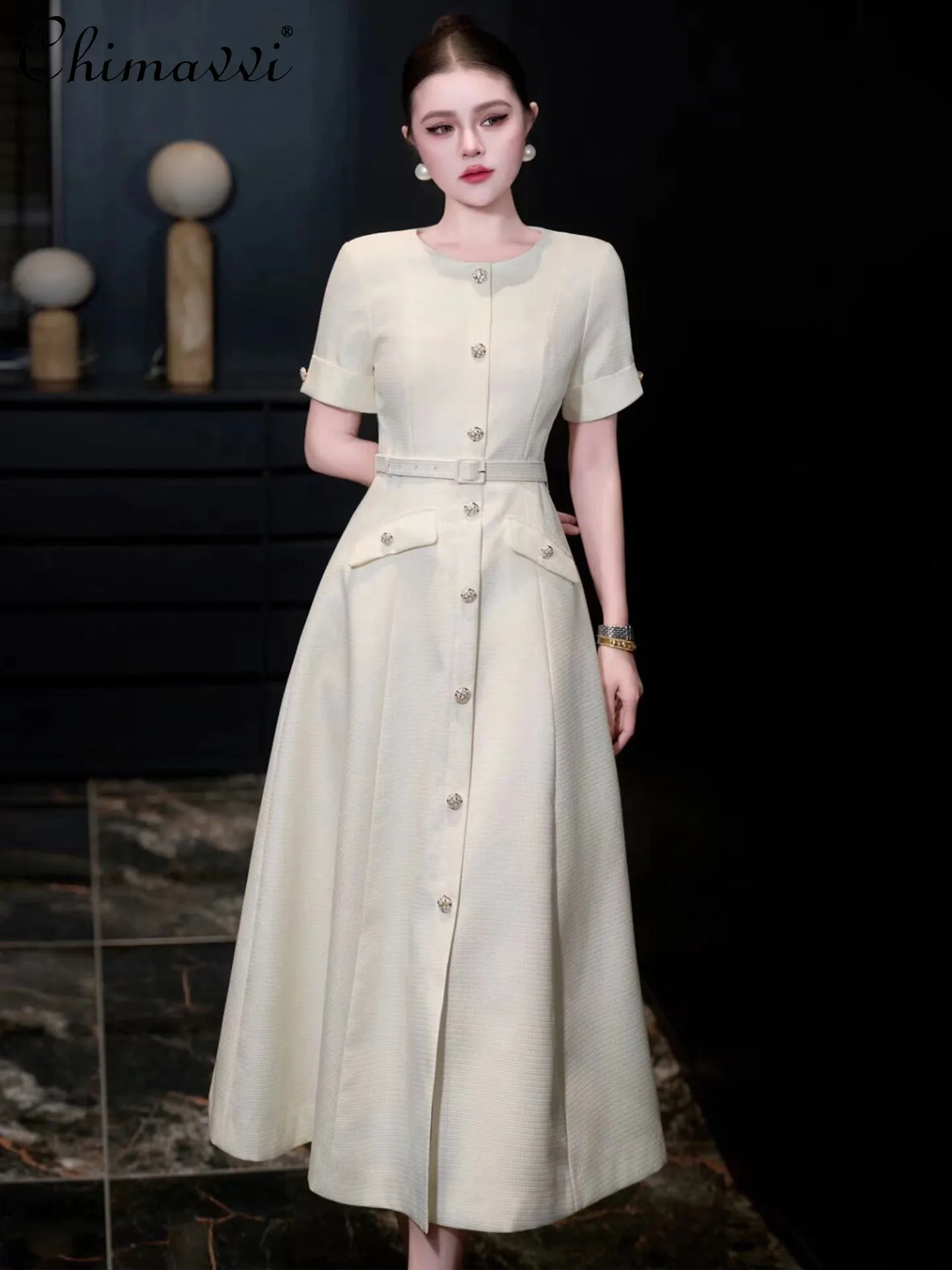 

Элегантное приталенное длинное платье с коротким рукавом и двумя карманами, расклешенное, для весны и осени, новинка, для банкетов