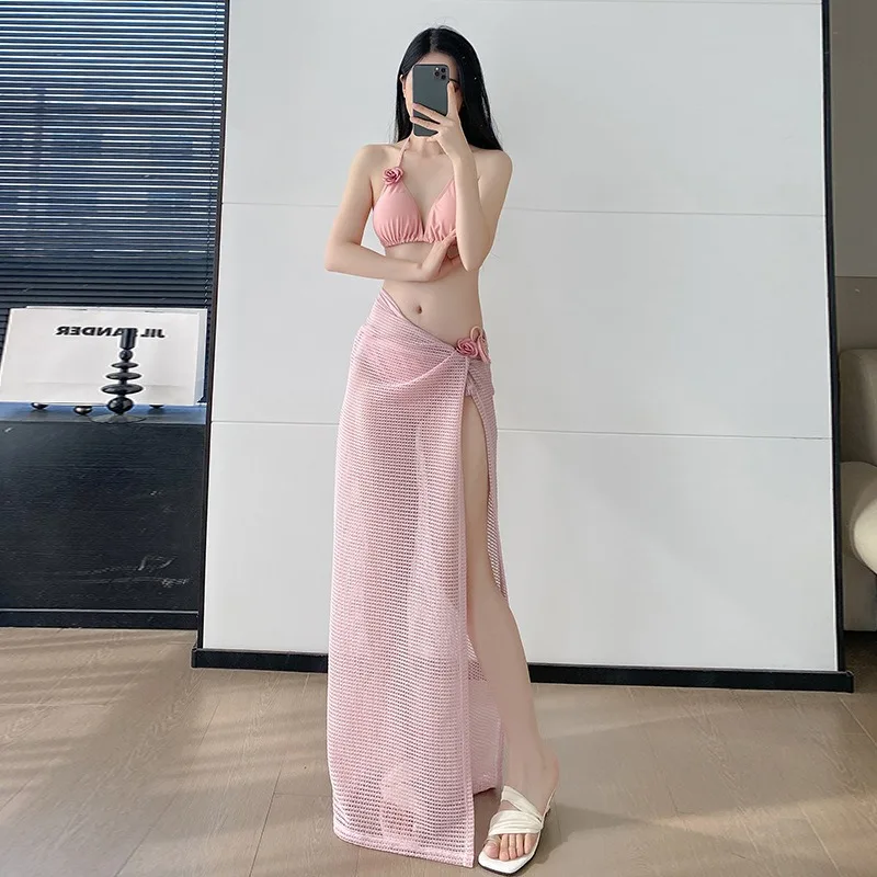 New Pink Split Swimsuit, Conservative Long Sleeved Sunscreen Cover, High-end Gathering Swimsuit, Water Color, Sexy and Slimming