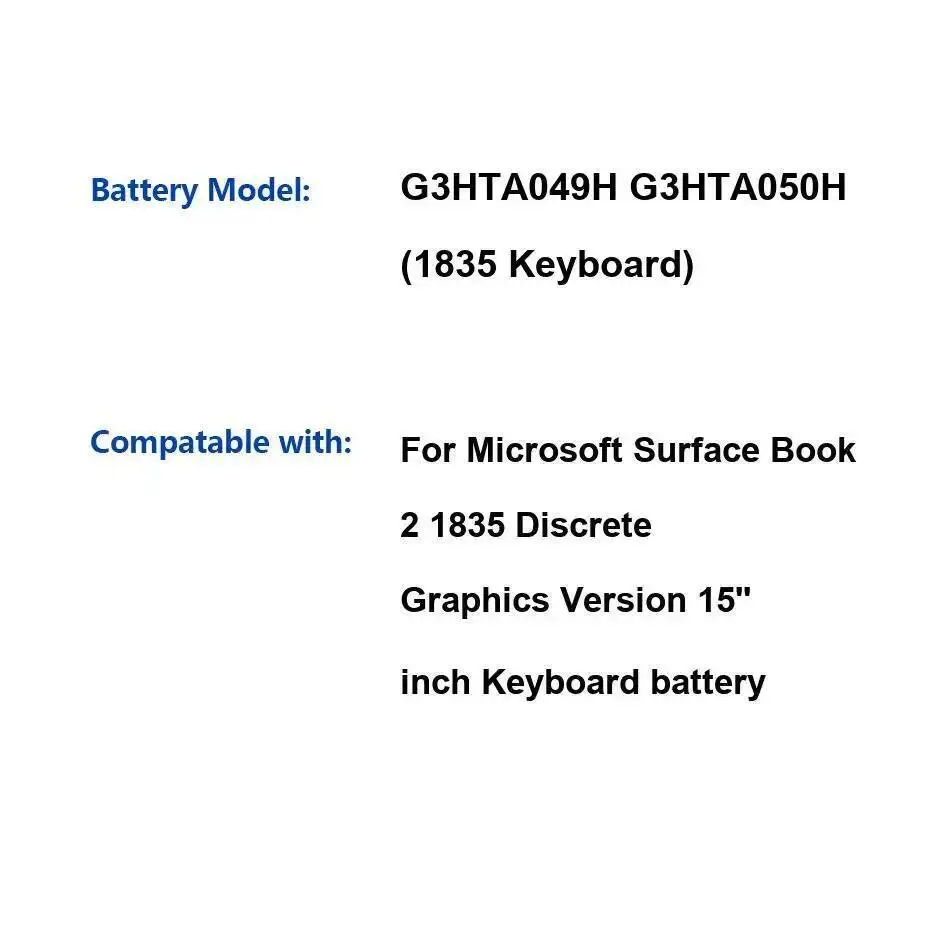 

Аккумулятор для планшета 5218 мАч для Microsoft Surface Book 2 1835, дискретная графическая версия, 15-дюймовая клавиатура G3HTA049H G3HTA050H