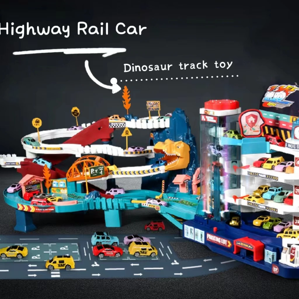 Carro ferroviário elétrico dinossauro edifício estacionamento aventura carro ferroviário brinquedos crianças cérebro mecânico interativo vagões ferroviários