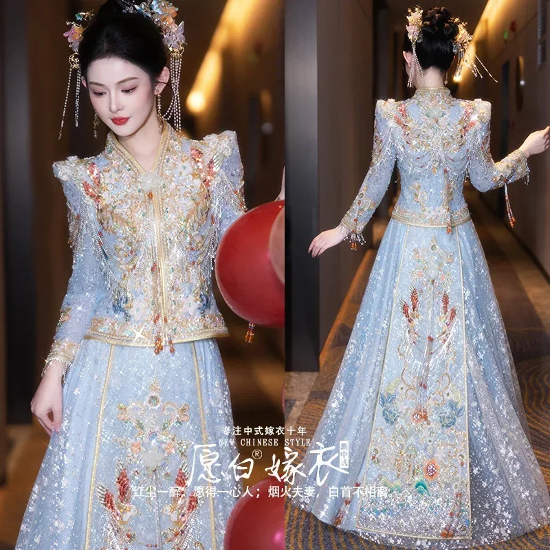 Chinese traditional Hanfu Chinese wedding dress embroidery spray gold net gauze light colored dress wedding dress bride