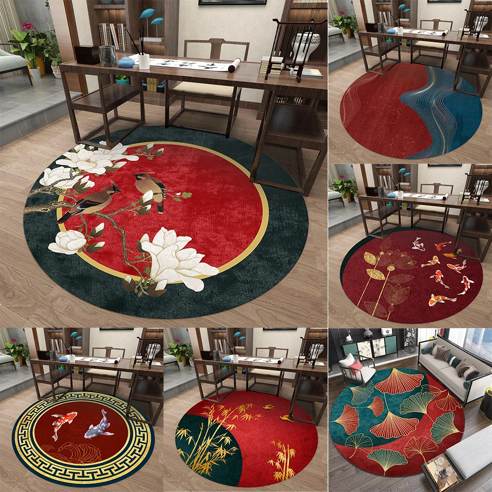 Runder Teppich mit chinesischem Muster und Blumenvogel, Ginkgoblatt, Koi-Fisch, weicher, rutschfester Bambusteppich für Wohnzimmer, Arbeitszimmer, Schlafzimmer
