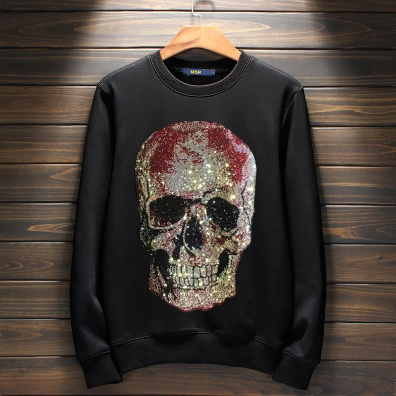 Men's personality brand heavy craft skull hot drilling round neck handsome long-sleeved sweater