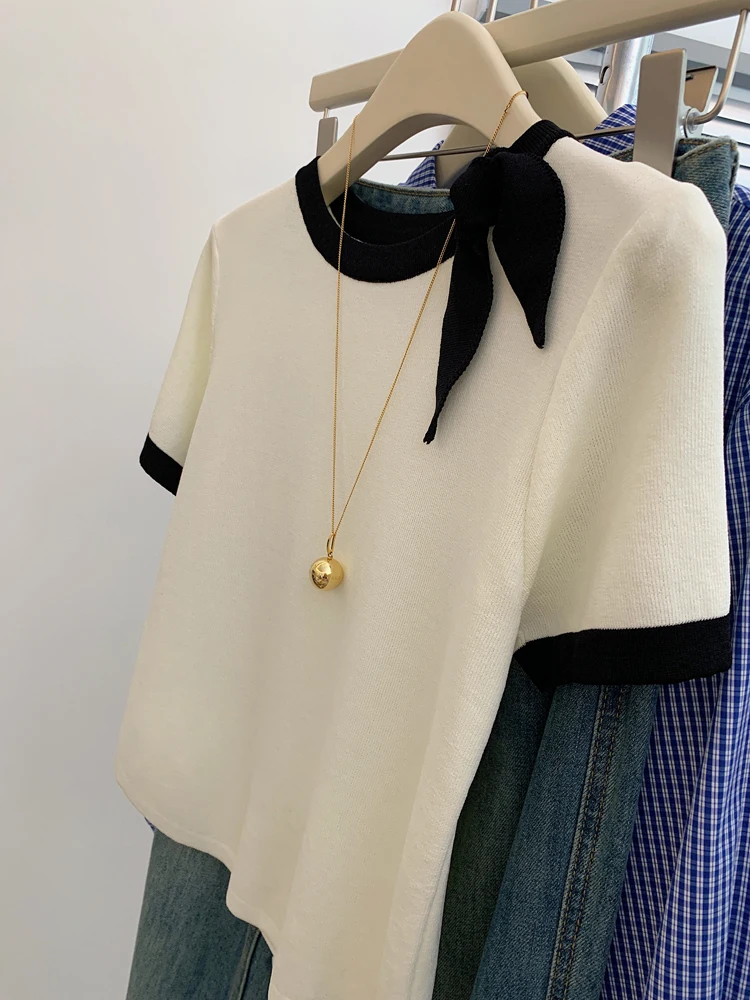 تي شيرت نسائي كبير الحجم مع عقدة من الحرير الجليدي المحبوك ort Sve الكورية Sle تصميم الصيف الإحساس العمر المخفض...