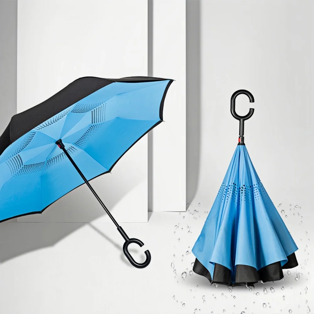 Sale Double Layer Inverted Reverse Umbrella with C-Shaped Handle Windproof Waterproof Hands-Free for Car Outdoor Rainy Day Use