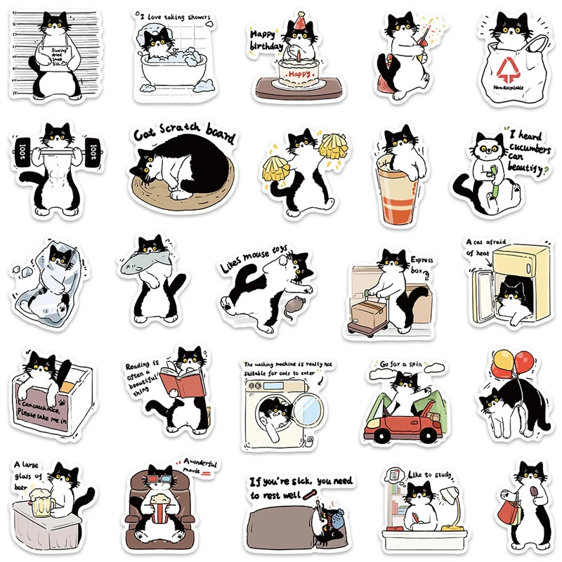 50PCS Cartoon Black and White Cat Animals Graffiti Stickers Phone Guitar Laptop Notebook  Luggage Decorative Decals Kids Toys