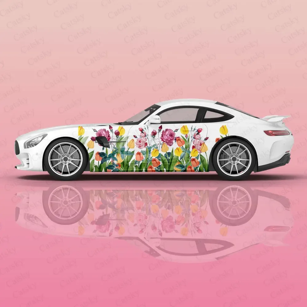 Colored Tulips Rose Racing Car Graphic Decal Full Body Vinyl Wrap Modern Design Vector Image Wrap Sticker Decorative Car Decal