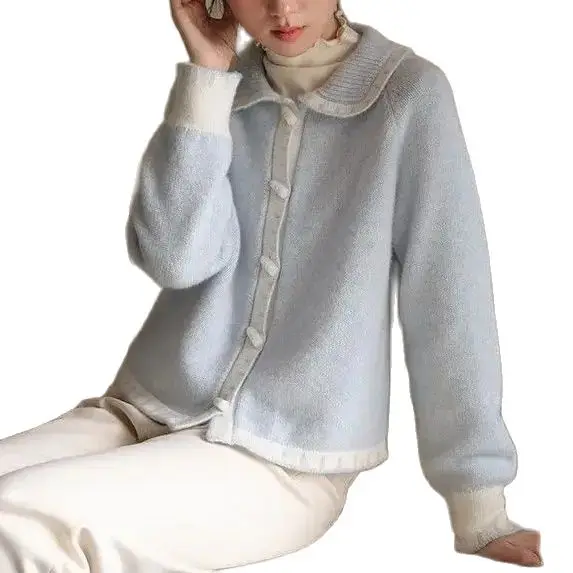 Korea Blue Slim Fit Cardigan Sweater Button Cardigan Women Winter Temperament Sweater Loose Lazy Gentle Doll Collar Knitwears