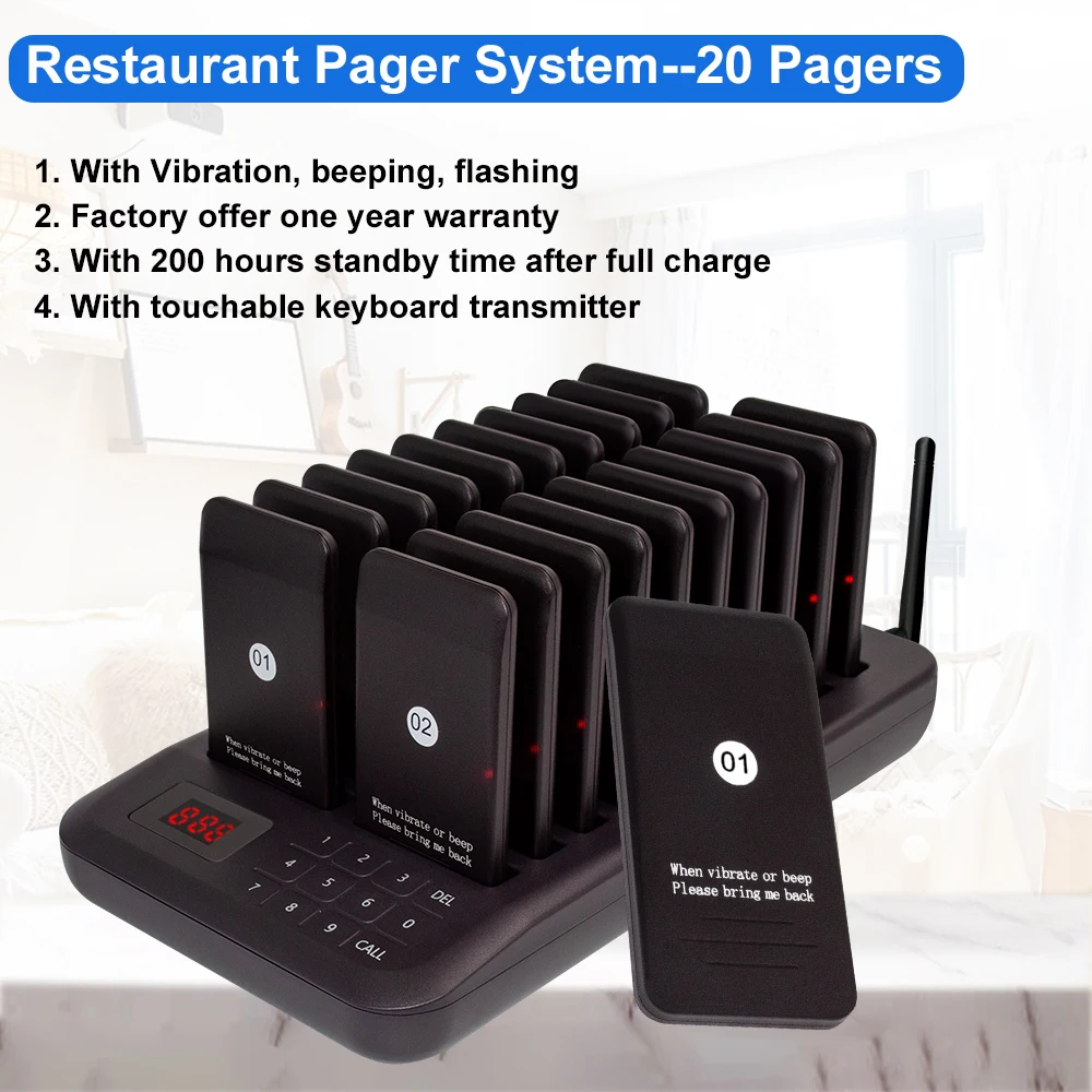 CTP320 Wireless Restaurant Guest Paging System, 20 Pagers 1 Keyboard for Food Truck Coaster Buzzer Pager Receiver Calling System