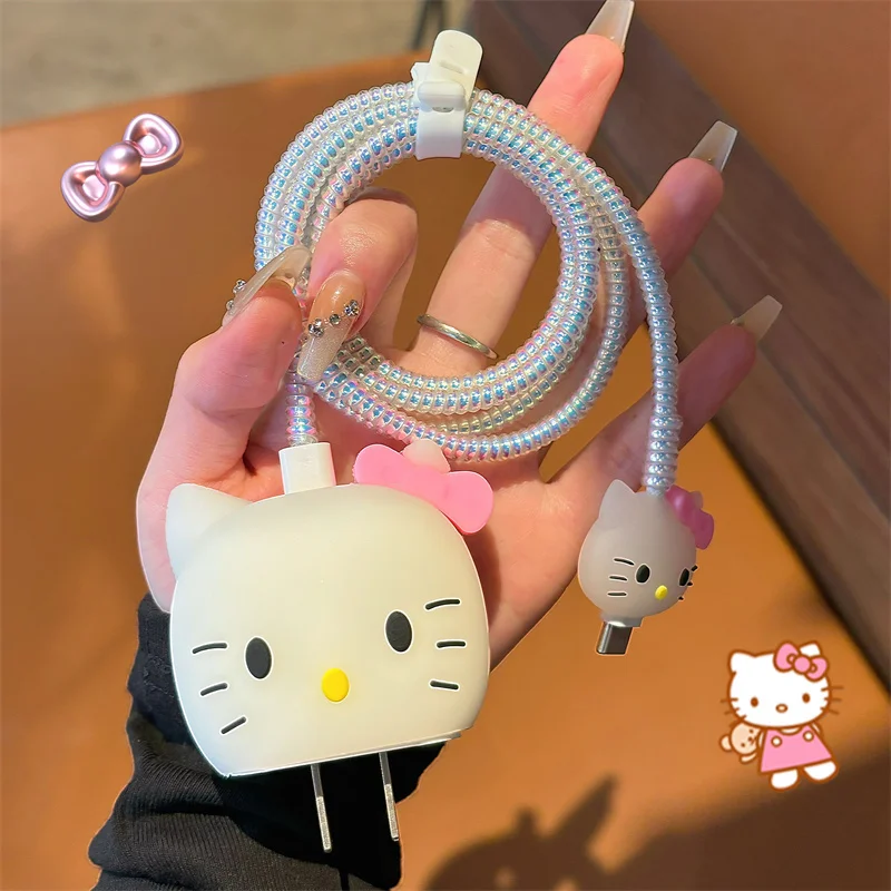 Nieuwe Hoge Kwaliteit Cartoon Sanrio Hello Kitty Oplader Datakabel Case Protector en Kronkelende Kit voor Apple 18W 20W Oplader Adapter