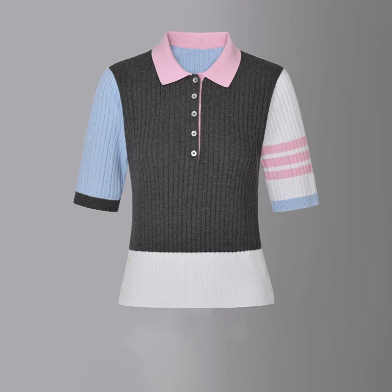 

Holy TB вязаная женская летняя футболка в студенческом стиле розовая кавайная футболка-поло высшего качества люксовый бренд модные повседневные вязаные свитера Thom