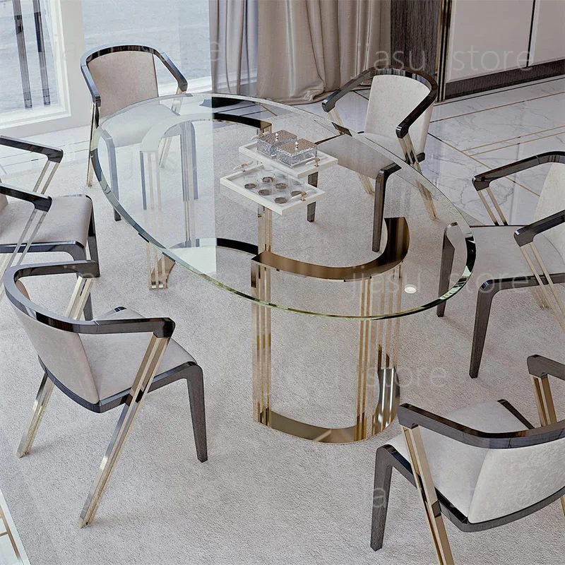 High Gloss Glass Wood Round Oval Luxury Dinning Table and Chairs Set of 6 Seater With Gold Leg for Villa Home