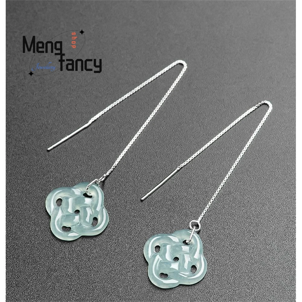 Natural Jadeite A blue Water Chinese knot S925 Silver Ear Wire Ice Jade Female Models High-grade Earrings Simple Fashion Jewelry