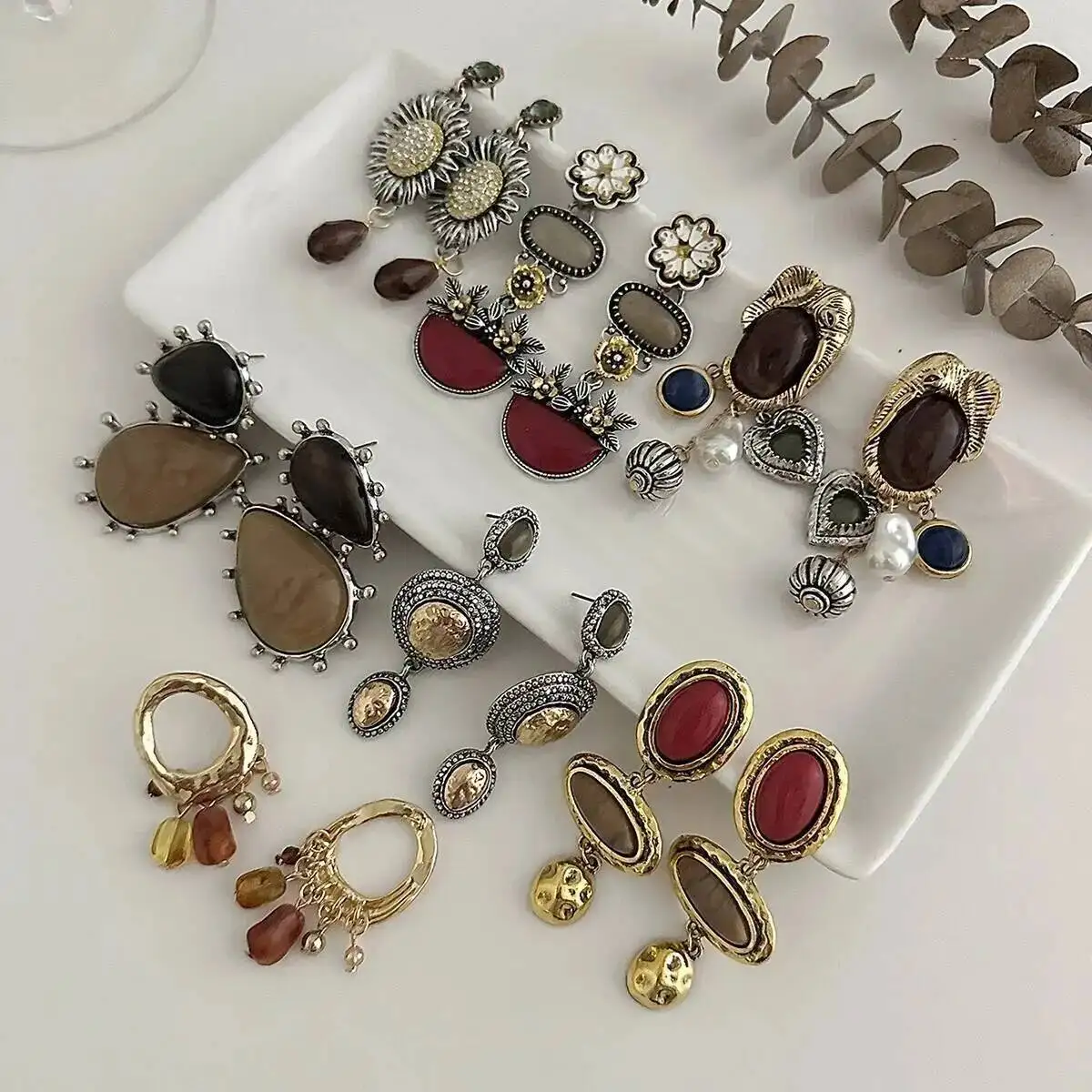 KunJoe 7 Styles Vintage Acrylic Resin Irregular Pendant Earrings for Women New Trendy Geometric Flowers Drop Party Jewelry Gifts