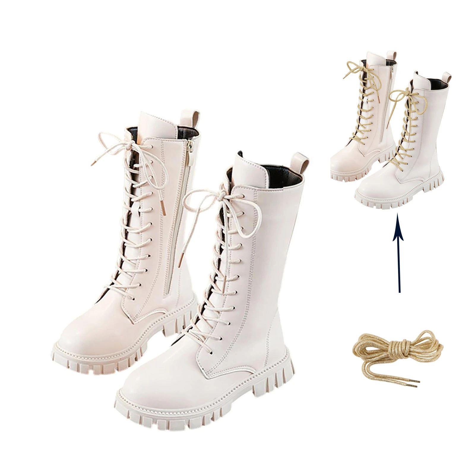

Baby Girl Fashion Boots Autumn/ Winter Warm Thick Sole Round Casual Lace Up Comfortable Children's Midsole Boots Elegant Zipper