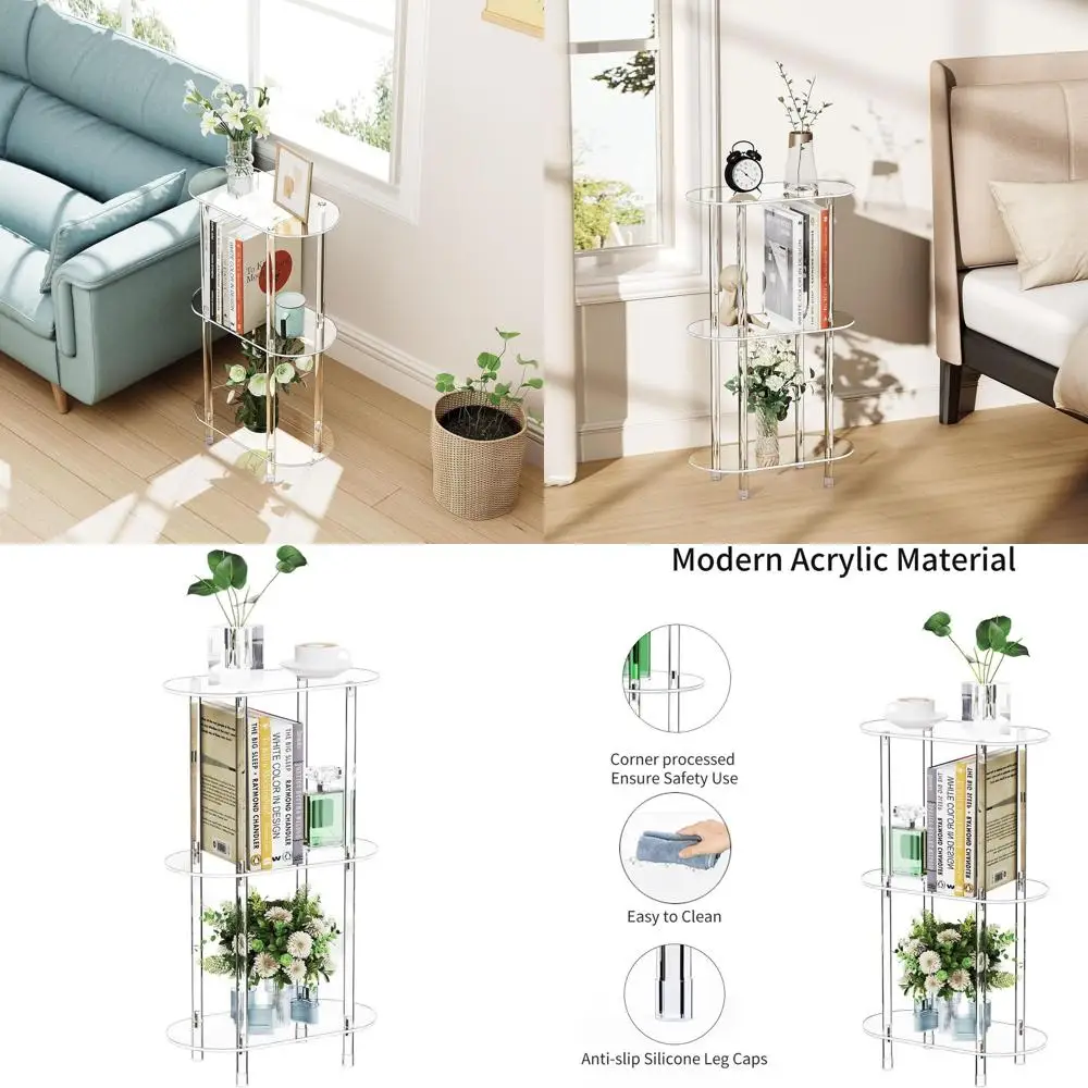 

Compact 3-Tier Acrylic End Table, 15.75 Long x 7.87 Wide x 26.7 High, Modern Slim Side Table for Small Spaces, Ideal for Bedroom