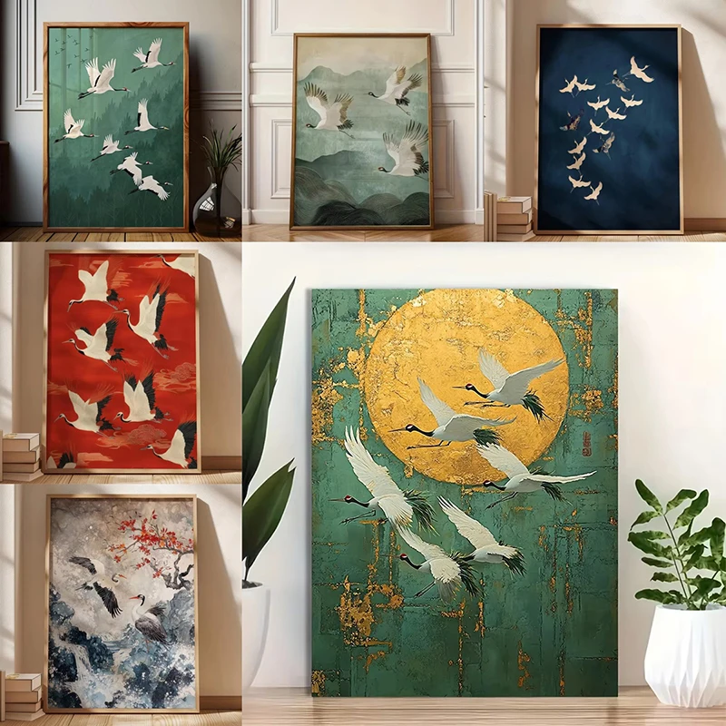 Golden Moon White Crane Flying Canvas Paintings Poster Retro Japanese Wall Printing Modern Living Room Bedroom Home Decor Gift