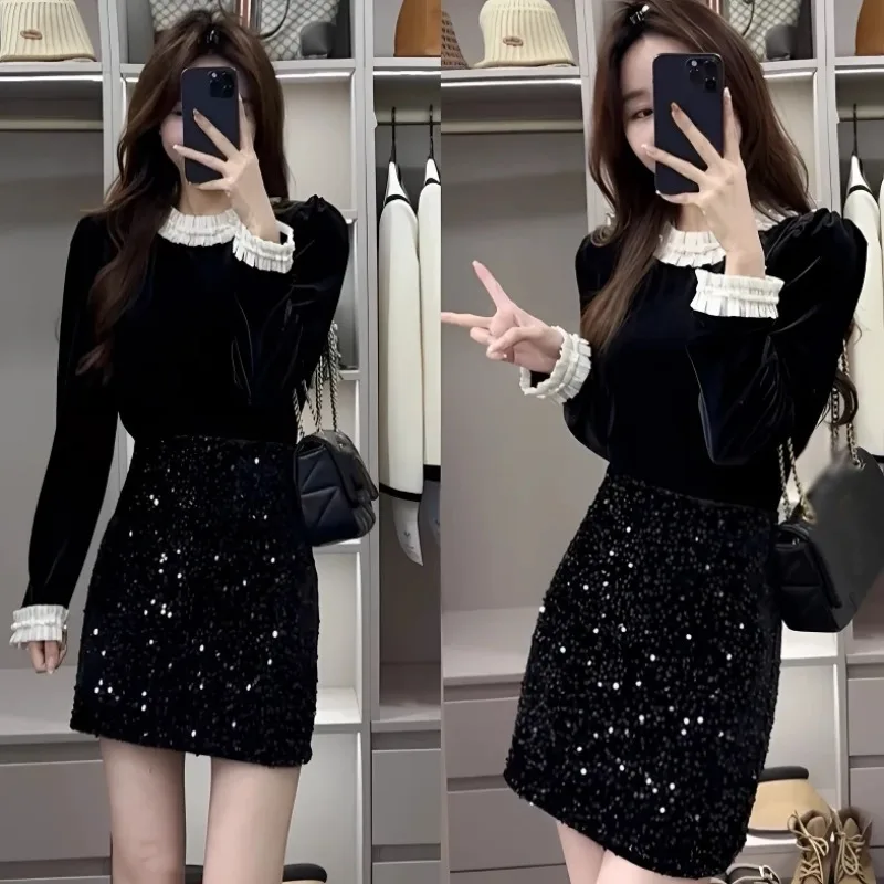 Women Spring Autumn Velvet Patchwork Shirts Mini Slim Skirts Two Piece Set Lady Korean Graceful Black Long Sleeve Top Skirt Suit