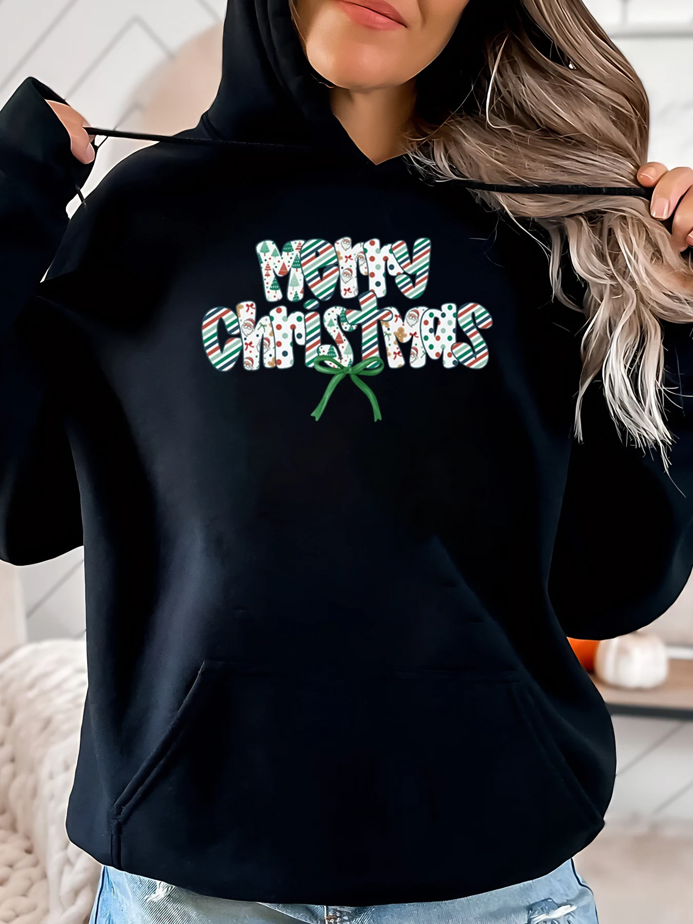 

Merry Christmas Print Hoodie Holiday Women's Casual Wear Black Plus-Size