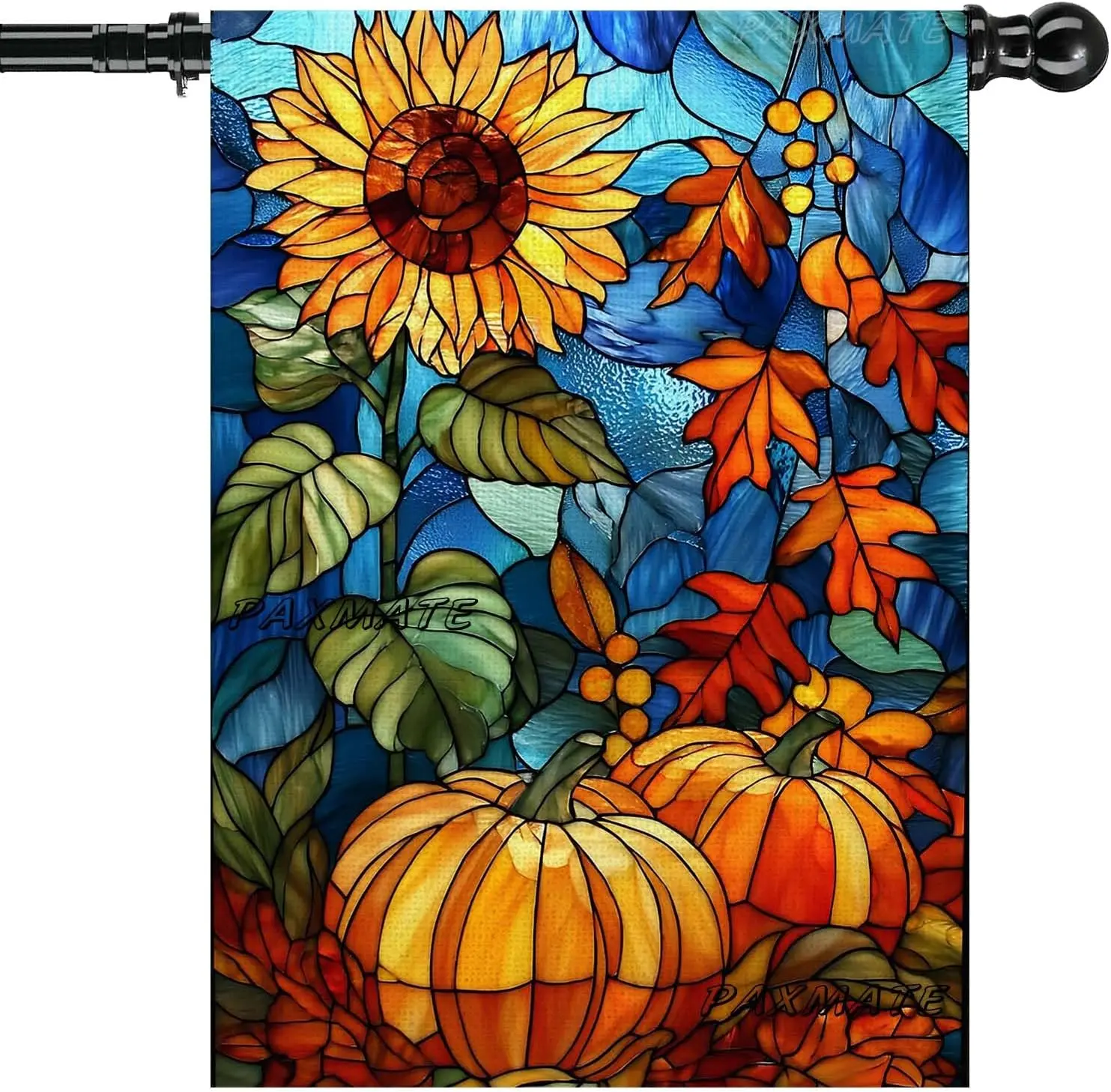 Fall House Flag 28x40 Double Sided, Sunflower Pumpkin Stained Glass Autumn Burlap Outdoor Flag, Thanksgiving Seasonal Porch  xxl