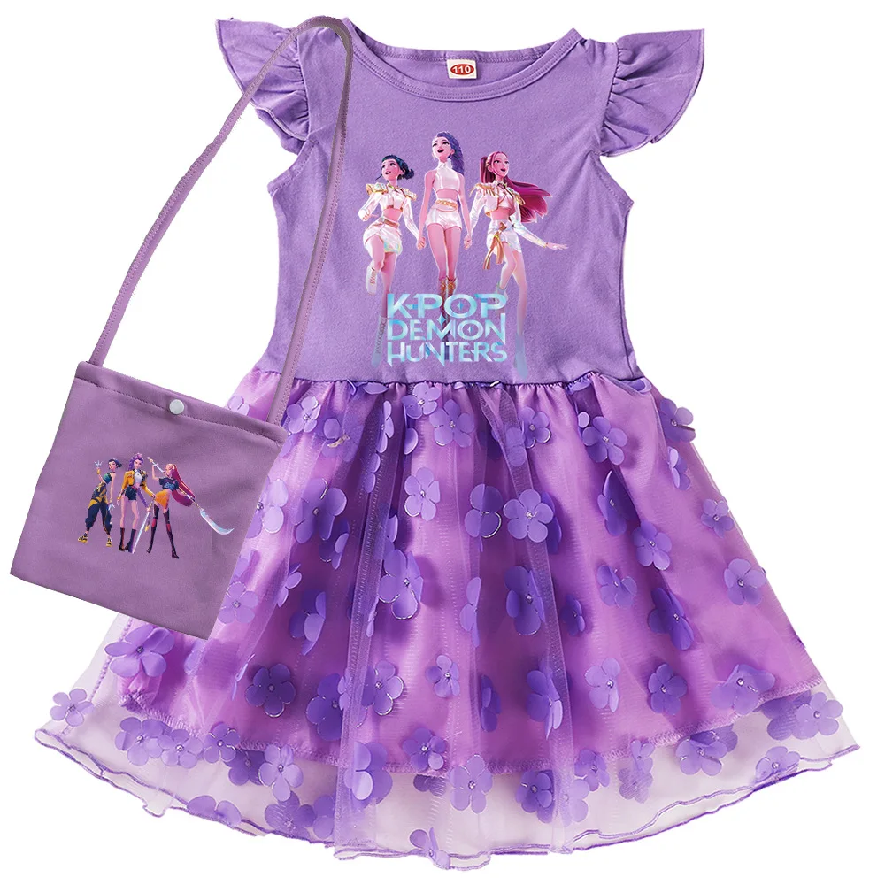 

Kpop платье для охотника на демонов, детские летние повседневные платья, сетчатые платья принцессы для маленьких девочек, детская повседневная одежда для свадебной вечеринки