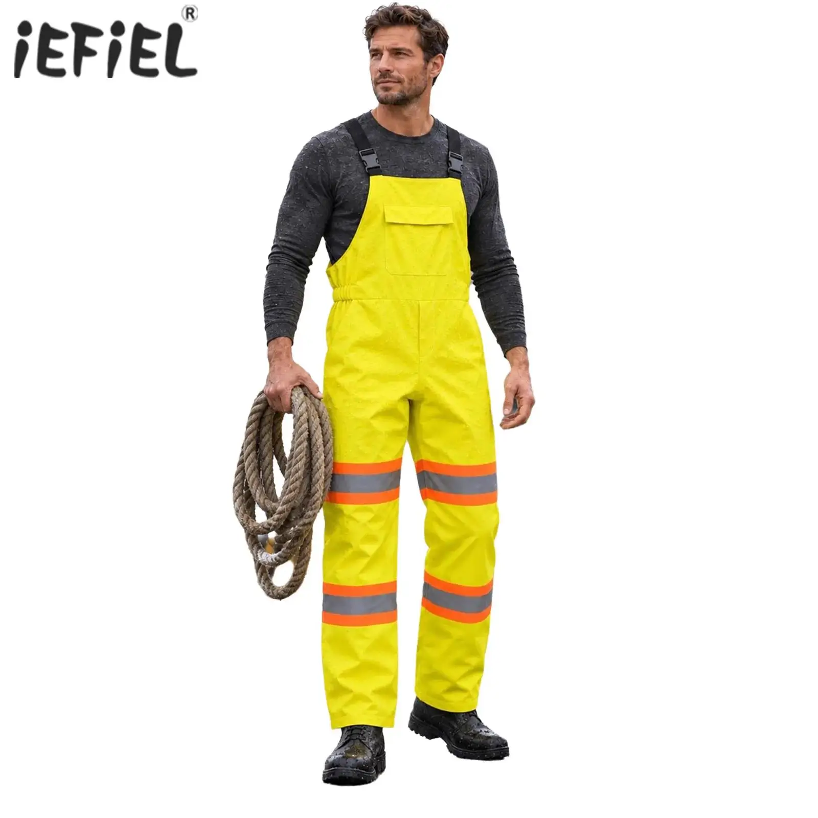 Mens Water Resistant Fishing Overalls Work Costume Adjustable Straps Elastic Back Waist Reflective Strips Bib Pants with Pockets