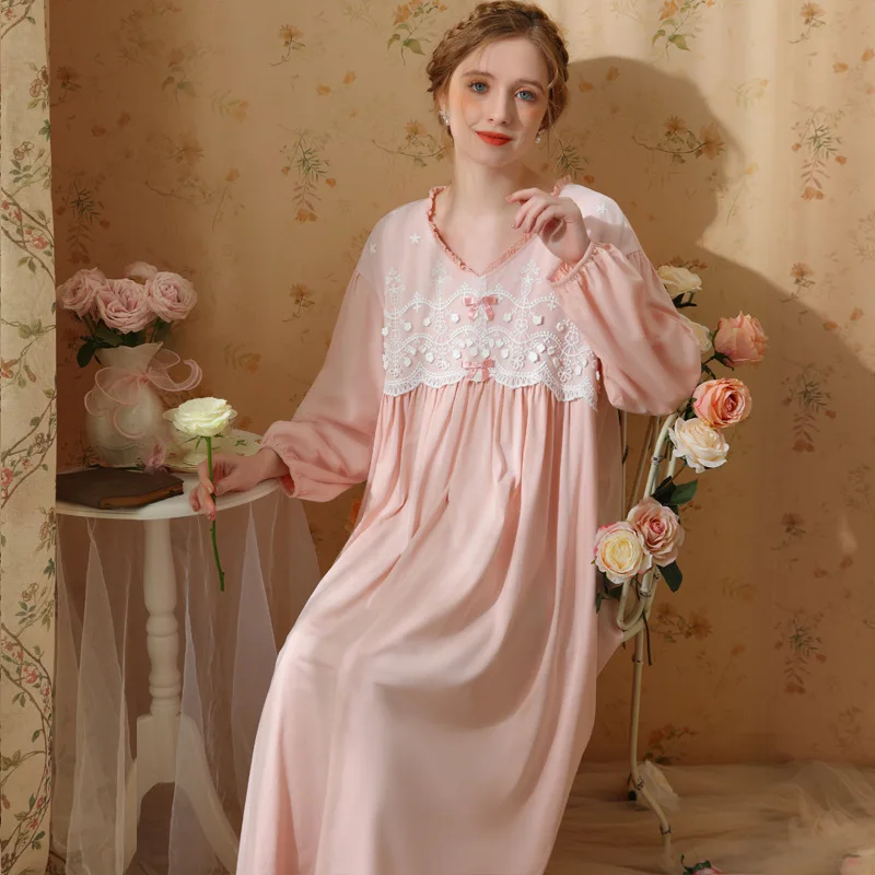 

New Women's Long Sleeve Pajamas Spring Autumn Princess Court Style French Sweet Loose Dress Design XL Size Pink Sweet Style Cozy