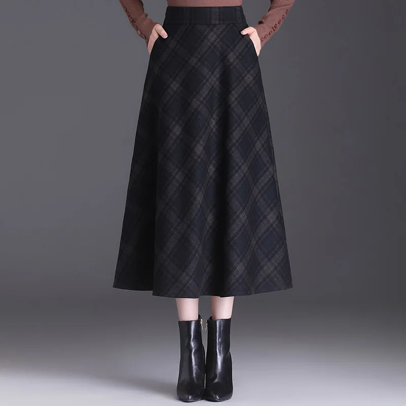 #1665 Vintage Plaid Woolen Skirt Women A-line Midi Skirt Ladies Office Korean Fashion Woolen Skirt Female Thick Autumn Winter