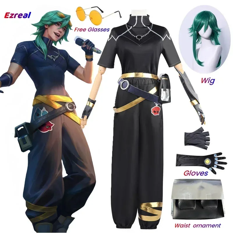 Juego Disfraz de cosplay LOL HEARTSTEEL GQ Ezreal Traje unisex negro Conjunto completo de Halloween con gafasv;2,r'6;t.