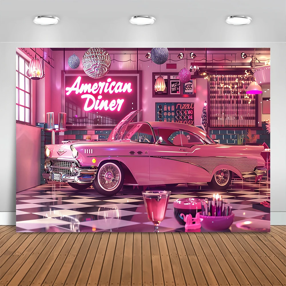 Retro Restaurant Party Backdrop Hot Pink Rock Disco Car Photography Background Girls Birthday Party Decor Banner Photo Studio