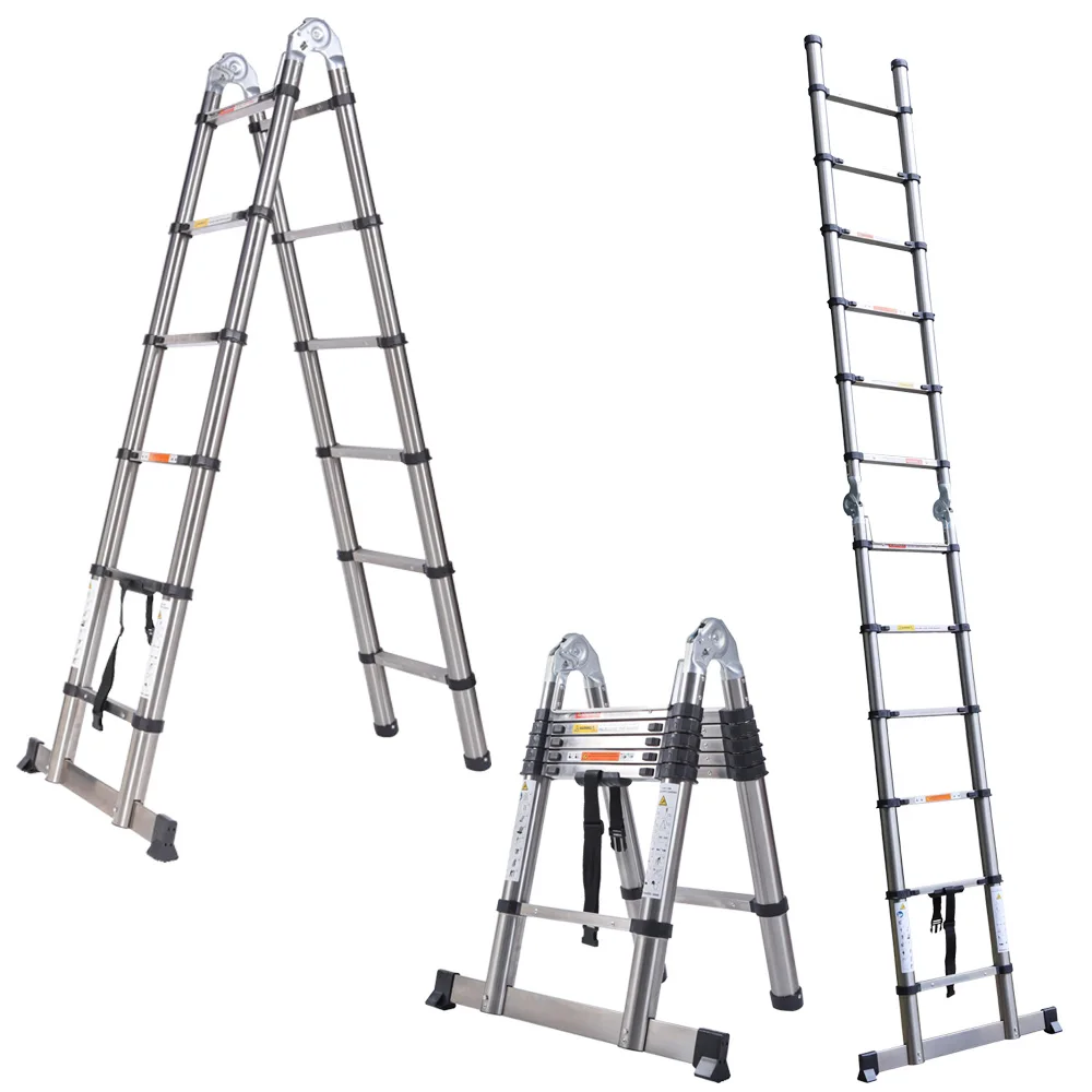 Telescoping Ladder, Portable Telescopic Extension 3.8M(1.9M+1.9M) Tall Multi Purpose Loft Ladder, Stainless Steel Frame Folding