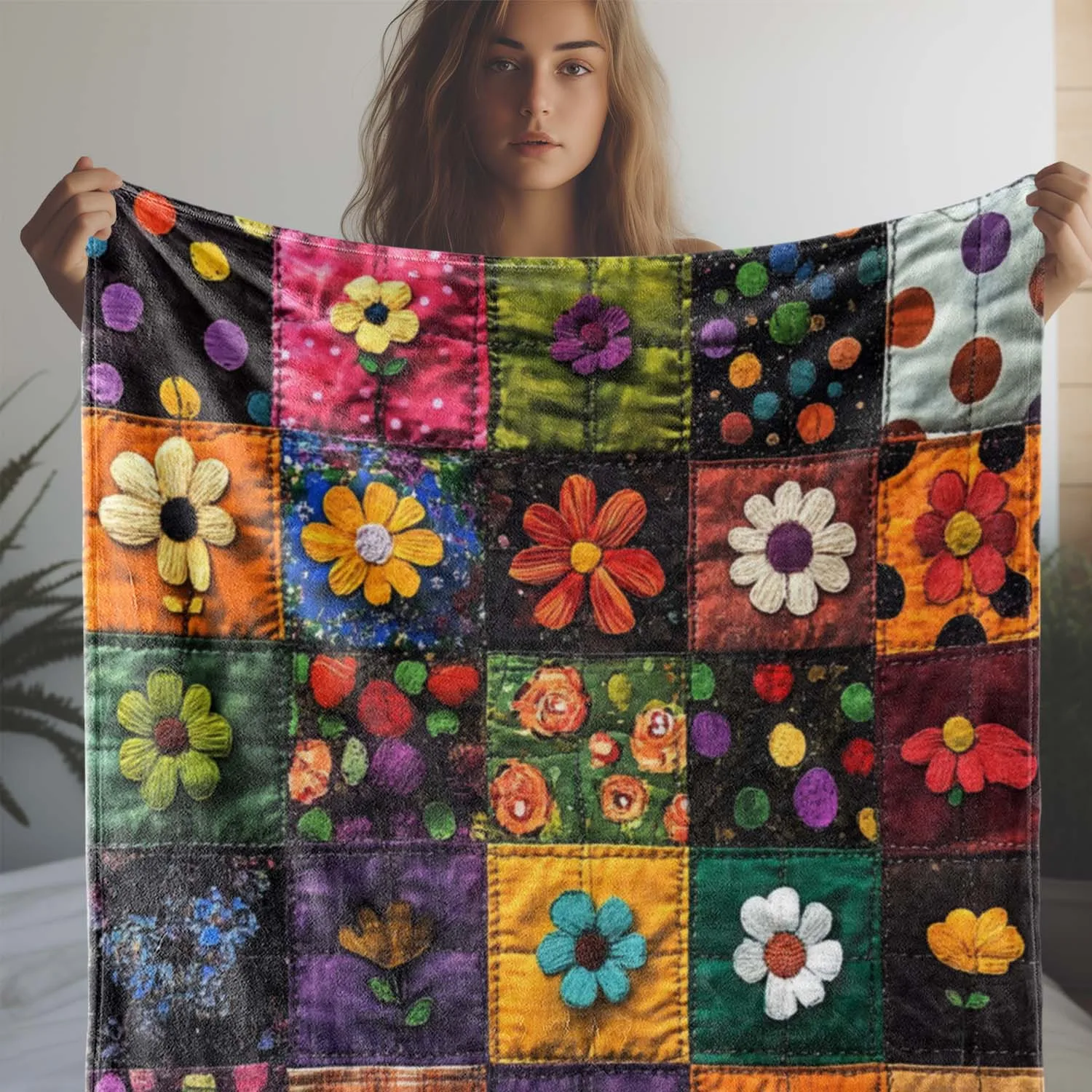 1pc Baby flannel blanket, retro flower color blocked children's room cover blanket, adult and child use warm blanket