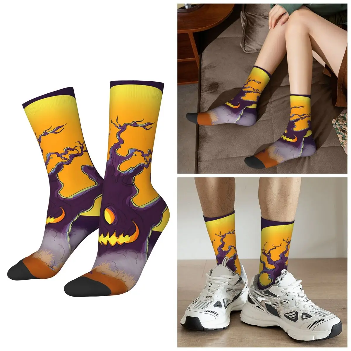All Seasons Halloween Haunted Tree Monster Cartoon Socks Harajuku Sport Middle Tube Socks Sweat Absorbing Stockings for Unisex