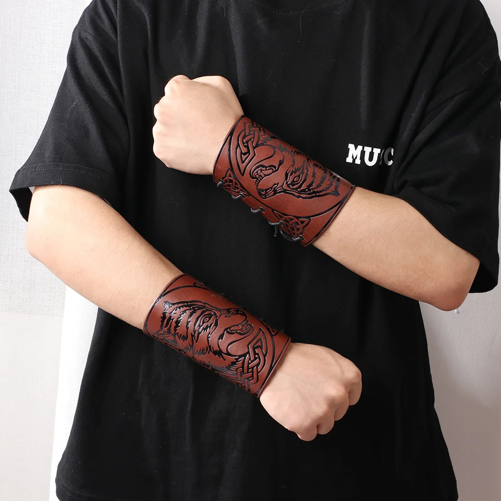 Punk Wide Leather Bracelet Arm Armor Cuff Wrist Guard Animal Wolfhead Head Pattern Wide Bracer for Fancy Dress Stage Show