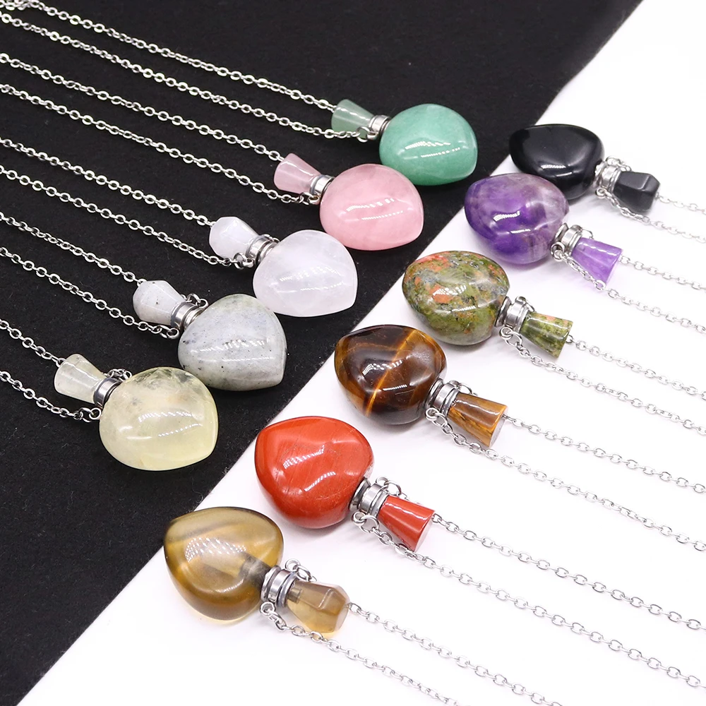 Botella de Perfume, collar con colgante de cristal, corazón de amor, cadena de acero inoxidable, abalorio de cuarzo rosa, joyería de moda para mujer, collar de regalo