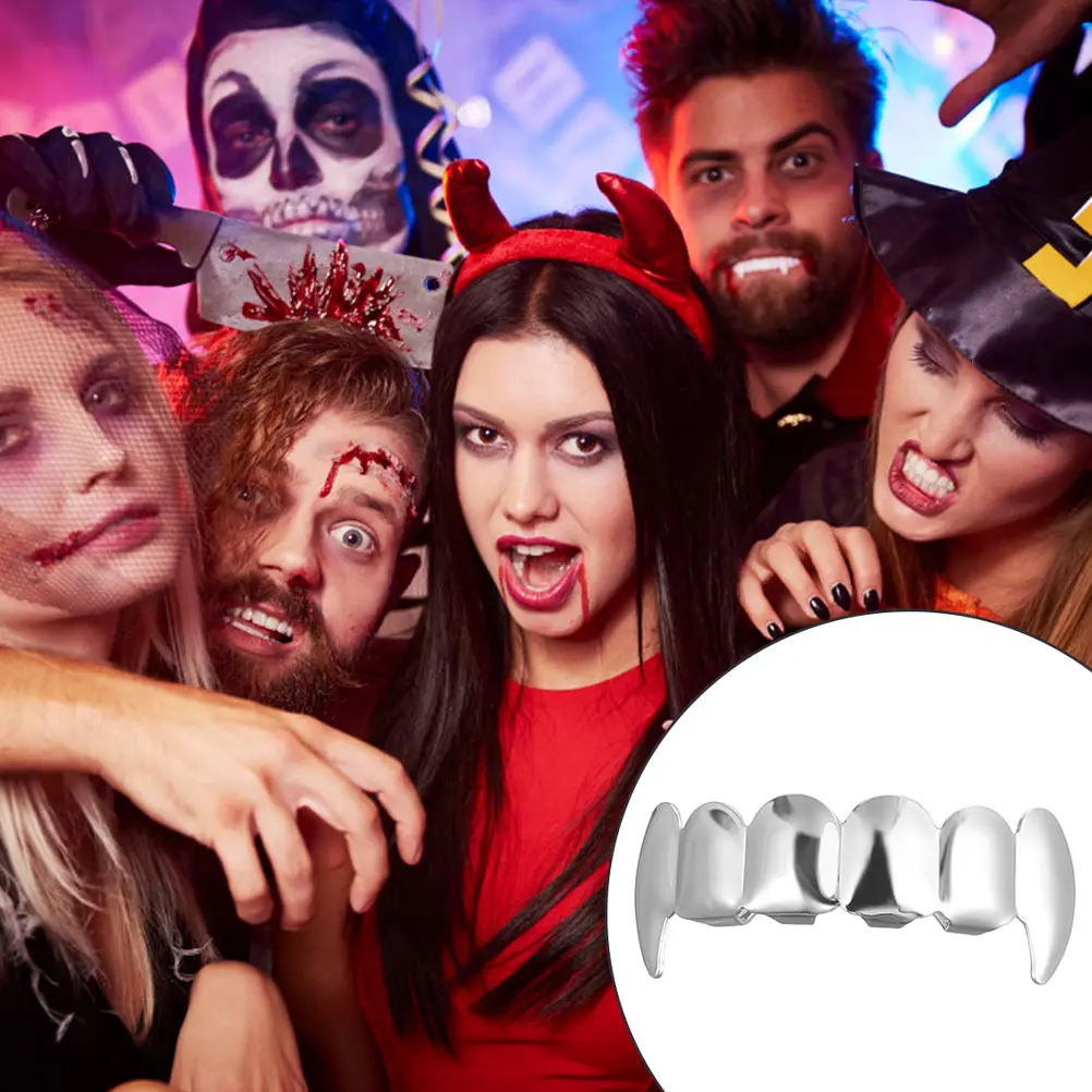 

2Pcs Halloween Artificial Teeth Silver Plated Upper Teeth Brace Vivid Party Props for Themed Decoration Shock Friends