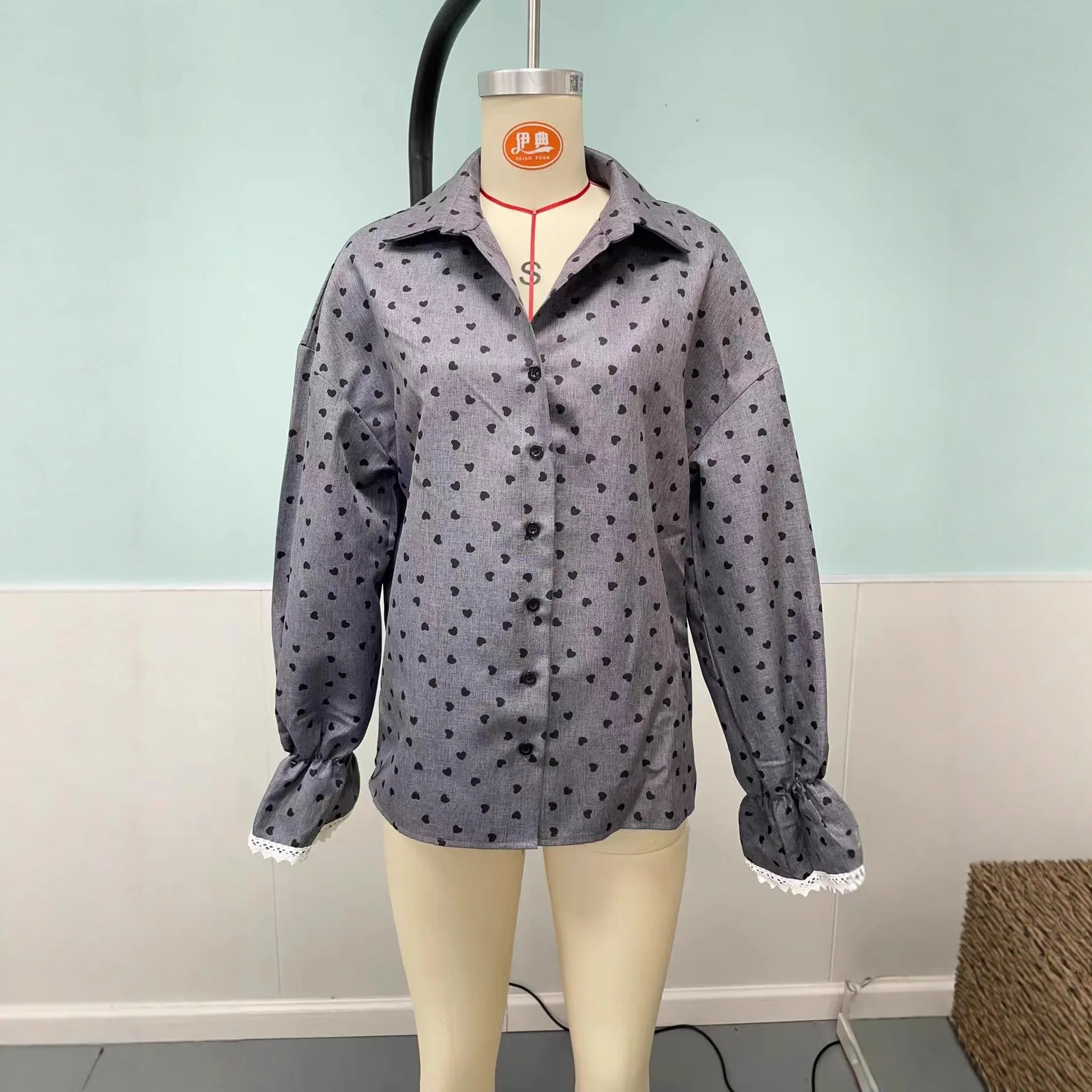 Long Sleeve Loose Fit Shirt Midi Length Elegant with Minimalist Heart Pattern No Stretch Lantern Sleeve Blouse Women Blouse