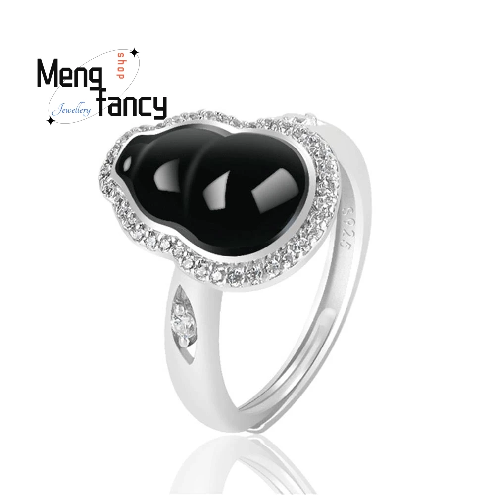 

S925 Silver Inlay Natural A-goods Jadeite Gourd Jade Ring Adjustable Exquisite Elegant Sexy Young Girls Luxury Quality Jewelry