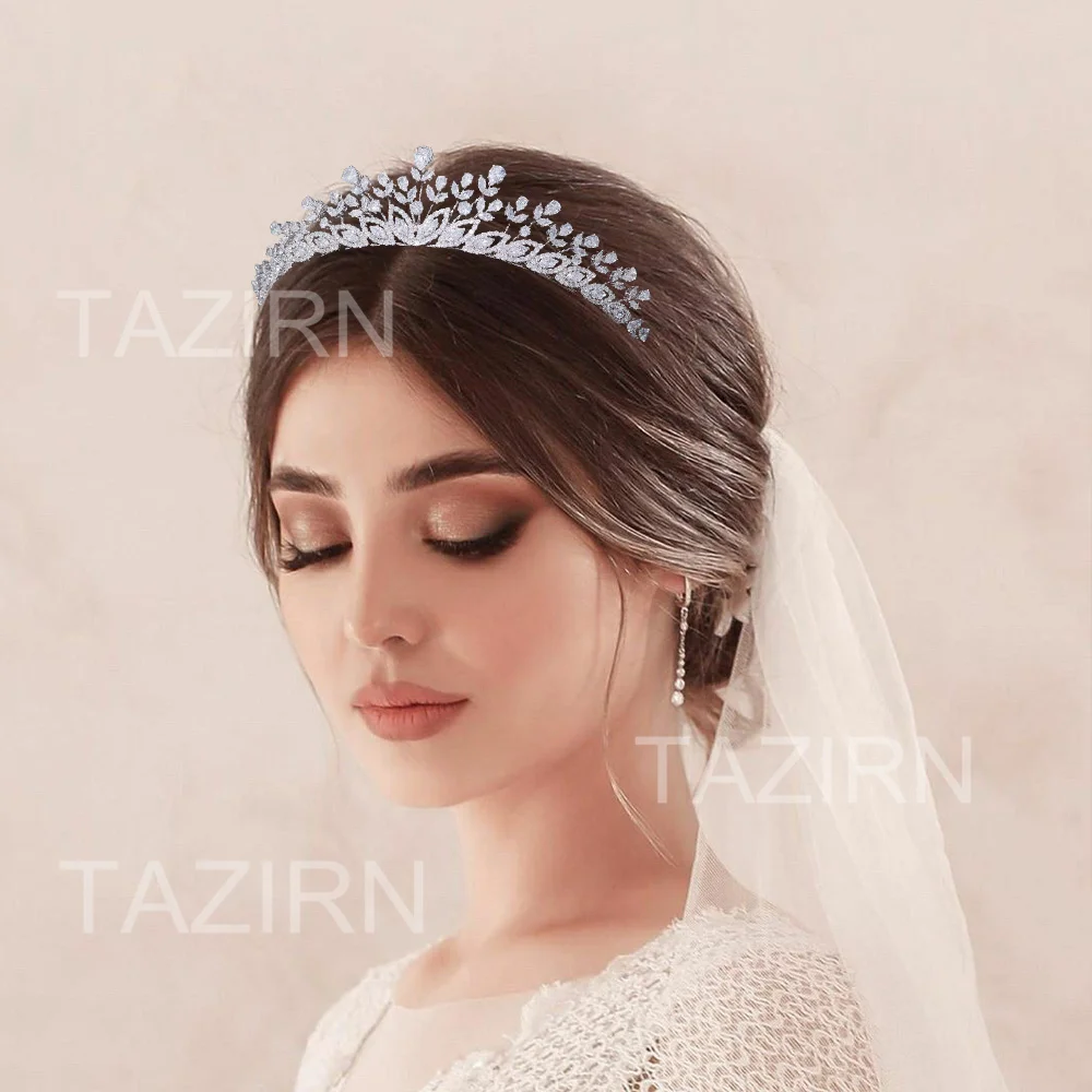 TAZIRN AAAAA Cubic Zirconia Floral Tiaras and Crown for Women Wedding Birthday Party Prom Sparkling Handmade CZ Hair Accessories