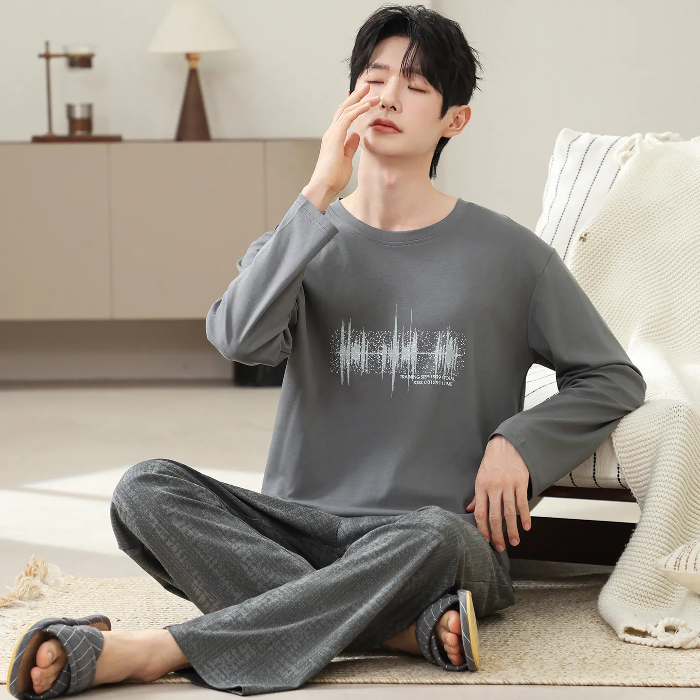 100% Cotton Loungewear for Men Pullover Long Sleeves Trouser 2pcs/set Pajamas Set Male Young Boy Homewear Homme Pyjamas