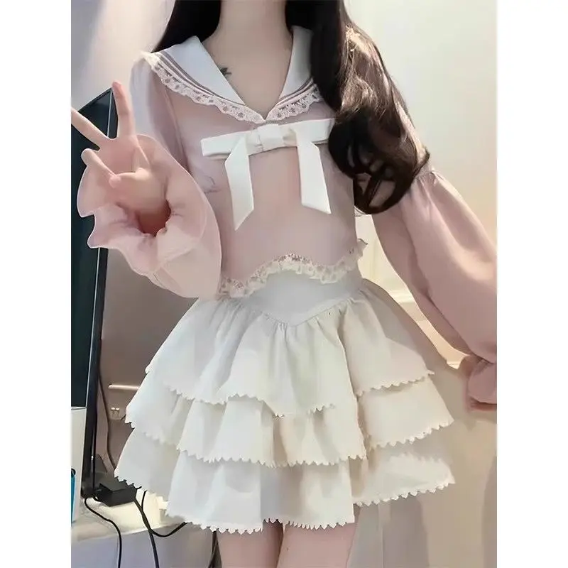 Age Reducing College Style Long Sleeved Navy Collar High Waisted Short Top Women's Sweet Lace Cake Short Skirt Ballet Style Set
