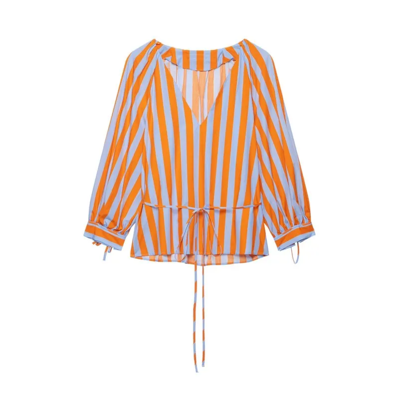 Women's Striped Shirt with Slim Belt New 2026 Autumn V-Neck Long Sleeve Woman Shirts & Blouses Female Tops