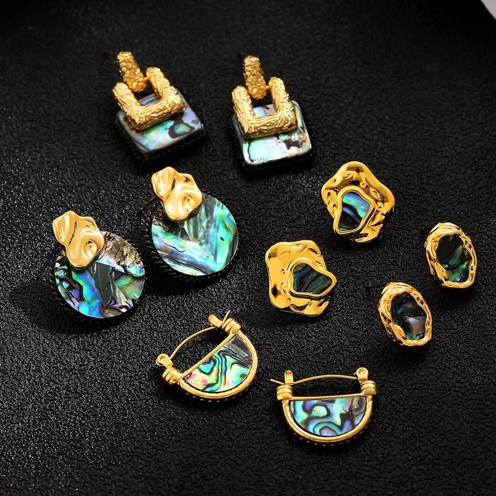 Delicate Natural Abalone Shell Small Hoop Earrings for Women Rotatable Shell Rings Cross Pearl Jellyfish Pendant Necklace Choker